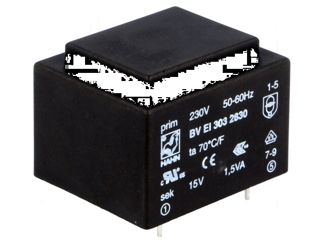 Transformator: ingegoten; 1,5VA; 230VAC; 15V; 100mA; PCB; BVEI Transformator: ingegoten; 1,5VA; 230VAC; 15V; 100mA; PCB; BVEI